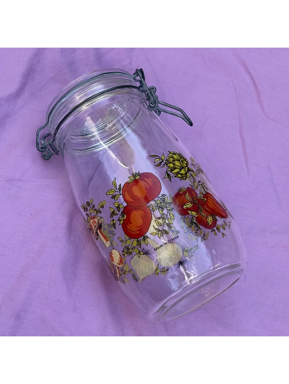 Vintage Fruit Print Glass Canister Wire Bail Jar 1.5L